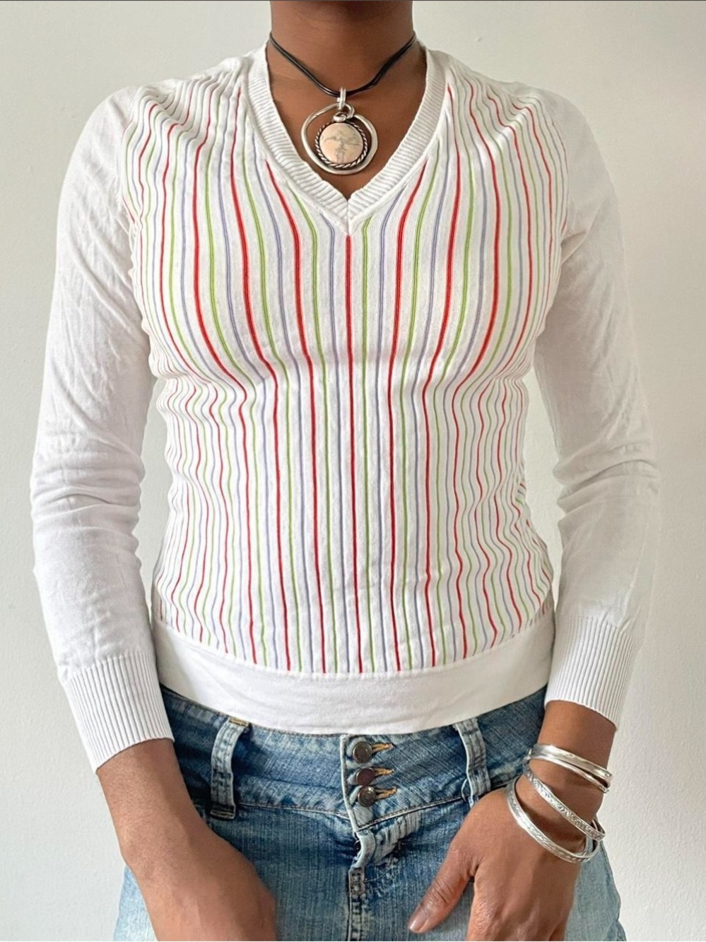 Malo White V-Neck Ribbed Sweater with Red, Green & Light Blue Stripes
